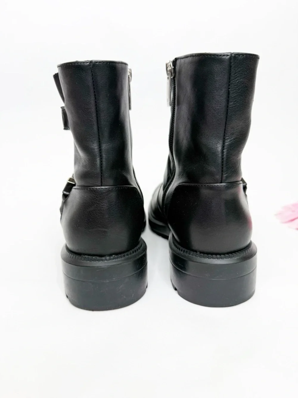 Aquatalia Lillie Moto Leather Ankle Boots Buckle Black Silver